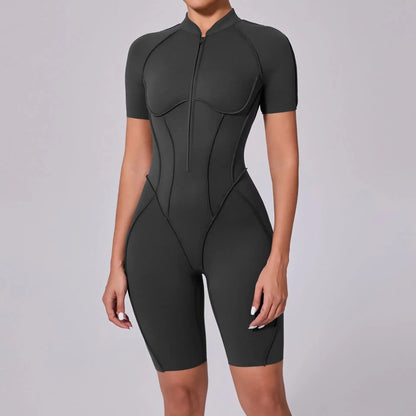 Cralom Zip Front Short Sleeve Jumpsuit - Summer Workout Activewear