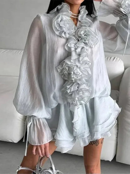 Cralom Summer Lady Suit: 3D Flower Cascading Ruffle V-Neck Shirt with Elastic Waist Shorts