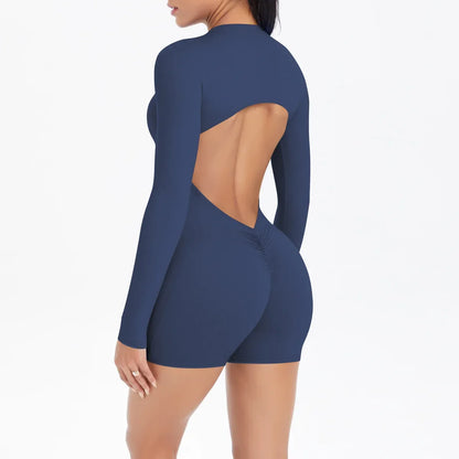 Cralom Seamless Yoga Bodysuit with Cut-Out Back, Half Zip & Peach Booty Lift