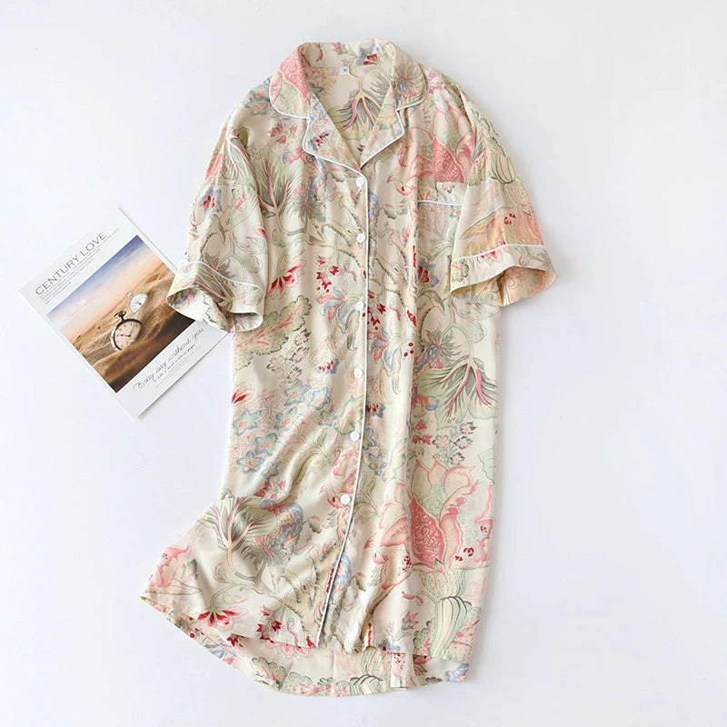 Cralom Soft Floral Nightgown Sleepdress Half-Sleeve Lapel Homewear Comfy