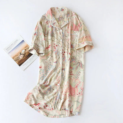 Cralom Soft Floral Nightgown Sleepdress Half-Sleeve Lapel Homewear Comfy