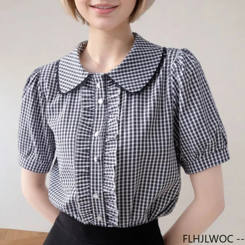 Cralom 2025 Summer Peter Pan Collar Plaid Top Retro Vintage Ruffles Button Blouse