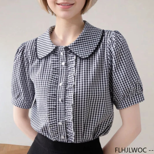 Cralom 2025 Summer Peter Pan Collar Plaid Top Retro Vintage Ruffles Button Blouse