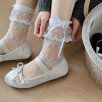 Cralom Lace Mid Tube Socks for Kids in Sweet Polka Dots