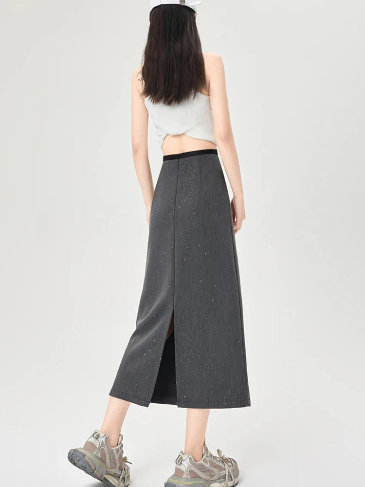 Cralom Elegant Sequins Suit Skirt- High Waist Slim A Line Midi Skirt