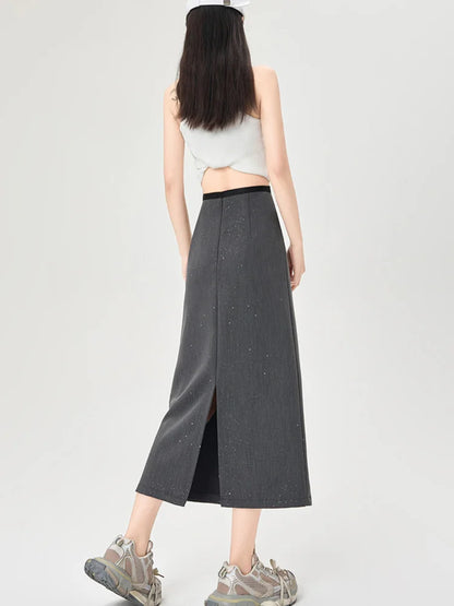 Cralom Elegant Sequins Suit Skirt- High Waist Slim A Line Midi Skirt