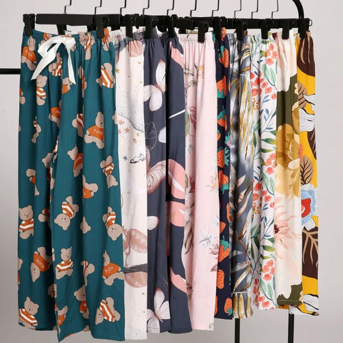 Cralom Floral Cotton Silk Pajama Pants Women's Loose Wide-leg Trousers