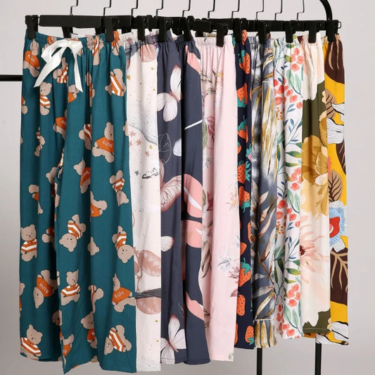 Cralom Floral Cotton Silk Pajama Pants Women's Loose Wide-leg Trousers