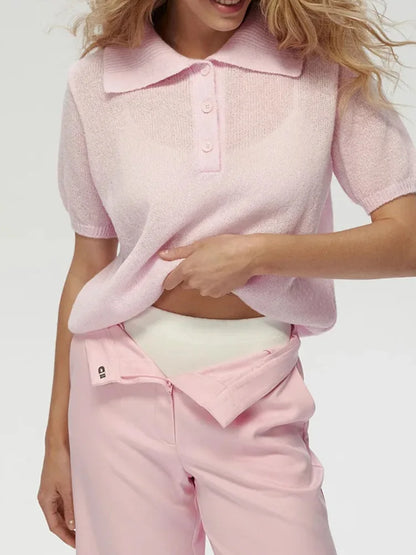 Cralom Summer Knit Polo Bubble Sleeve Sweater for Women