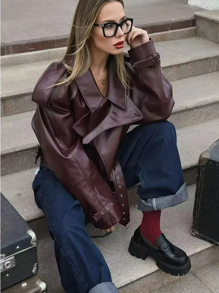 Cralom Faux Leather Jacket Casual Lady Lapel Zipper High Street Motorcycle Coat