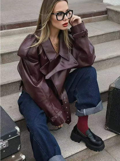 Cralom Faux Leather Jacket Casual Lady Lapel Zipper High Street Motorcycle Coat