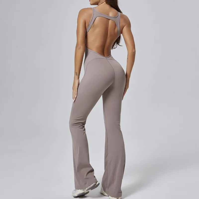 Cralom Seamless Yoga Bodysuit - Flare Leg Booty Lifting Jumpsuit for Gym