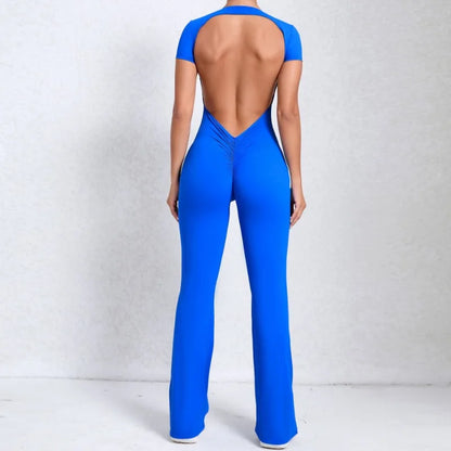 Cralom Deep Backless Yoga Jumpsuit - Flared Leg Naked Feeling Gym Wear