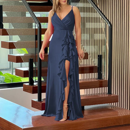 Cralom Summer Maxi Skirt Dress with Ruffle V-neck and High Waist