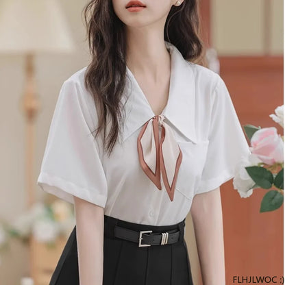 Cralom Women's White Button-Up Bow Tie Blouse
