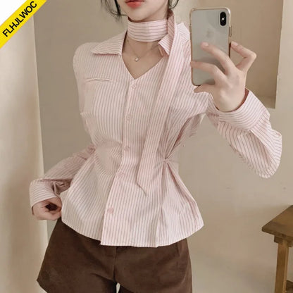 Cralom Striped Peplum Top Blouse Y2K Slim Waist Button Up Shirt
