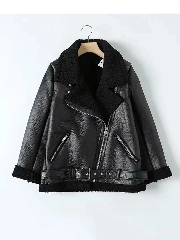 Cralom Women's Sheepskin Aviator Jacket Faux Leather Fur Winter Coat