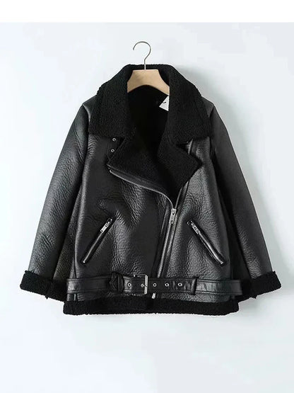 Cralom Women's Sheepskin Aviator Jacket Faux Leather Fur Winter Coat