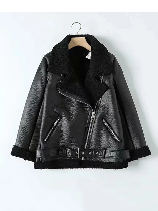 Cralom Women's Sheepskin Aviator Jacket Faux Leather Fur Winter Coat