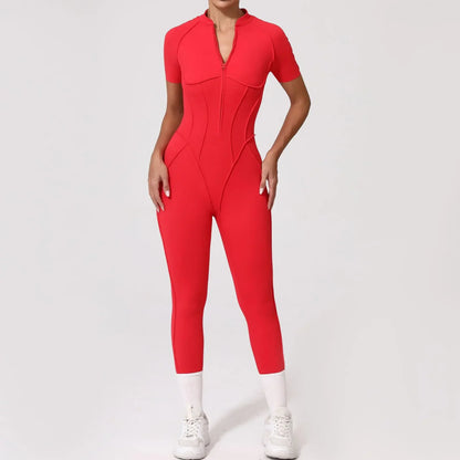 Cralom Seamless Front-Zip Short Sleeve Sports Jumpsuit