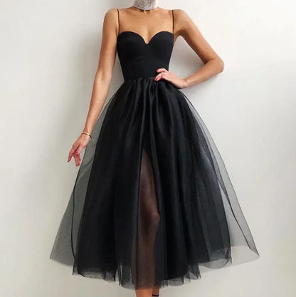Cralom Off-Shoulder Tulle Tutu A-Line Dress Solid Color Mesh Vestido Dress