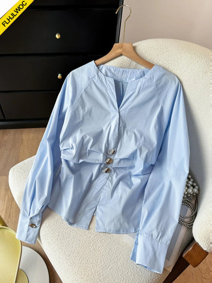 Cralom Autumn 2024 Tunic Peplum Top: Long Sleeve Solid Slim Waist Button Shirt