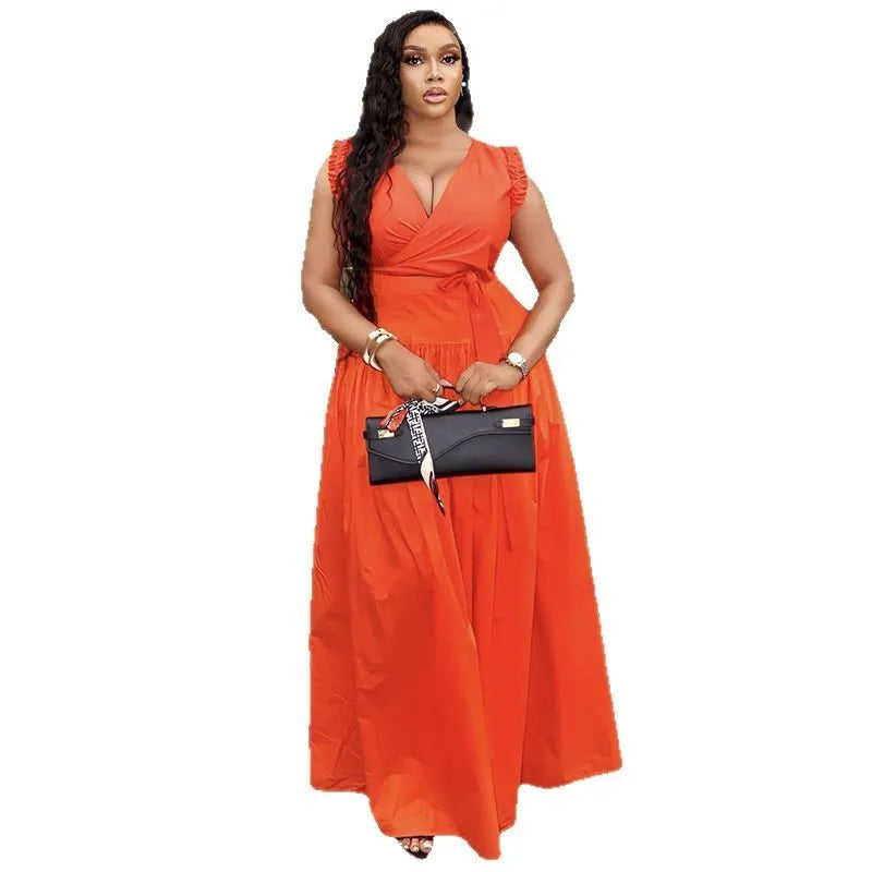 Cralom V-Neck High Waist Maxi Dress Solid Color Sleeveless Sexy Summer Fashion