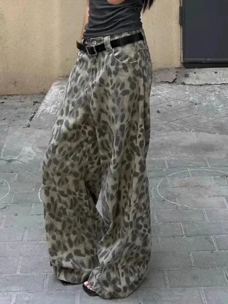 Cralom High Waist Vintage Leopard Wide Leg Jeans - 2025 Collection