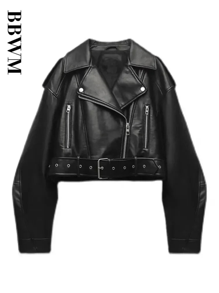 Cralom Oversized Vintage Faux Leather Jacket with Belt & Zipper – Retro Moto Biker Coat