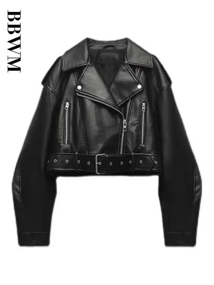 Cralom Oversized Vintage Faux Leather Jacket with Belt & Zipper – Retro Moto Biker Coat