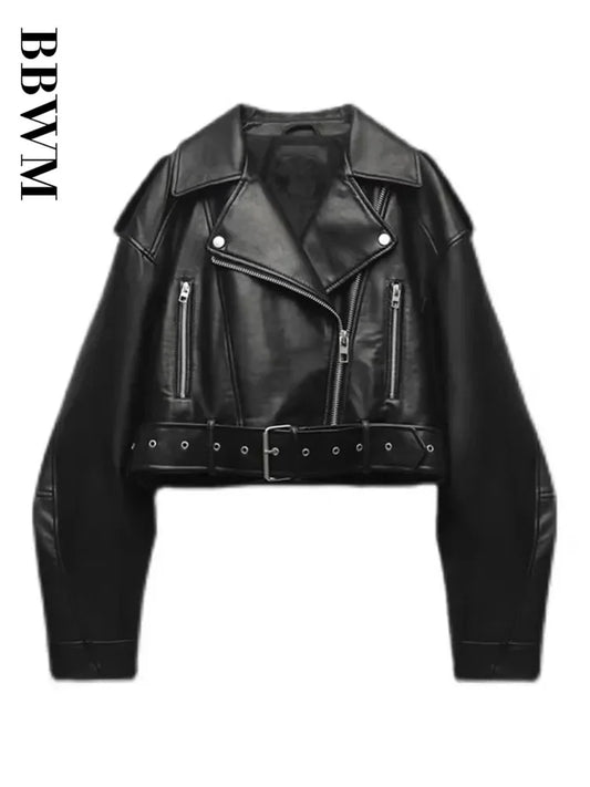 Cralom Oversized Vintage Faux Leather Jacket with Belt & Zipper – Retro Moto Biker Coat