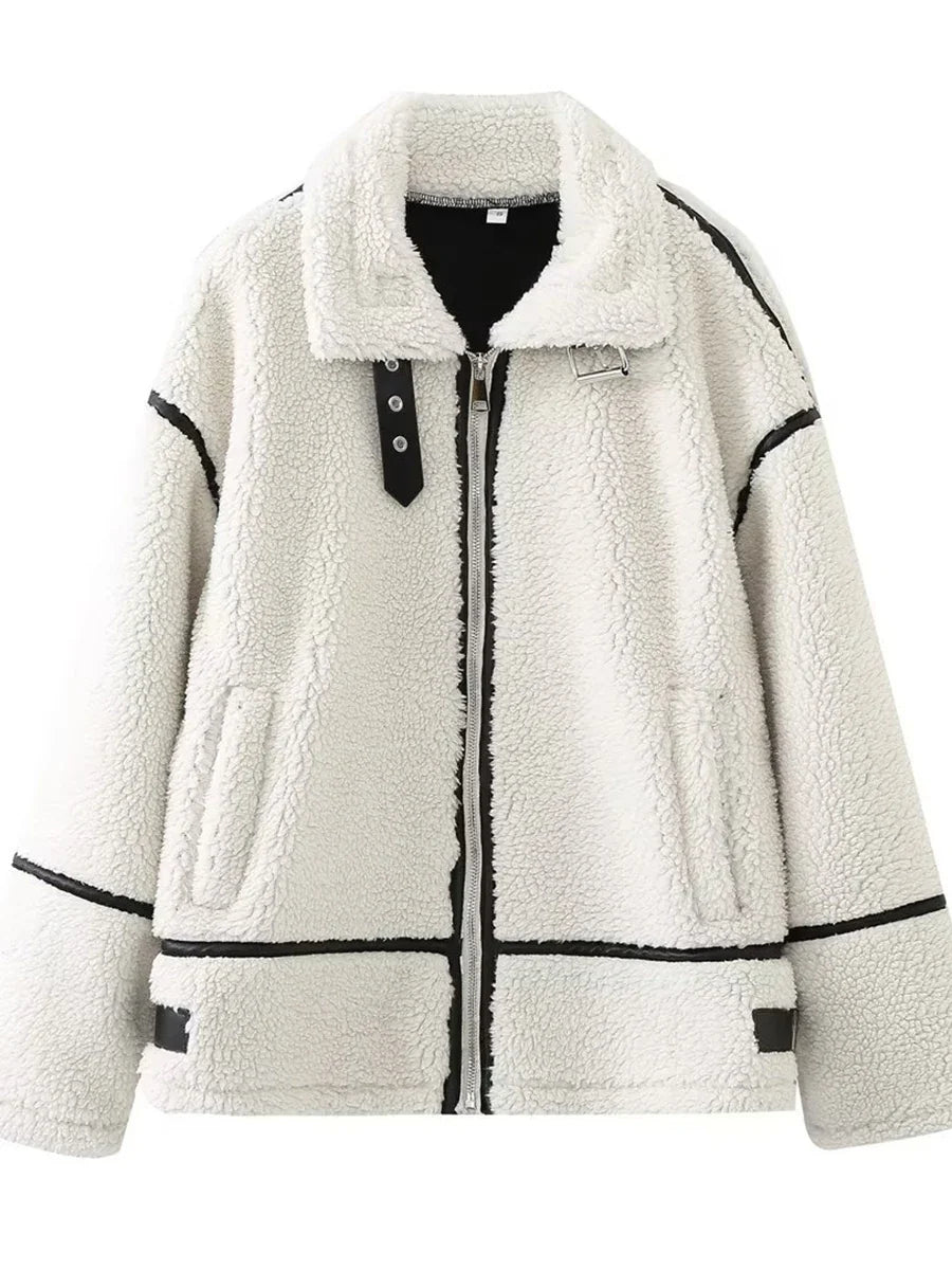 Cralom Lapel Zipper Lamb Wool Coat: Stylish Long Sleeve Jacket for Women