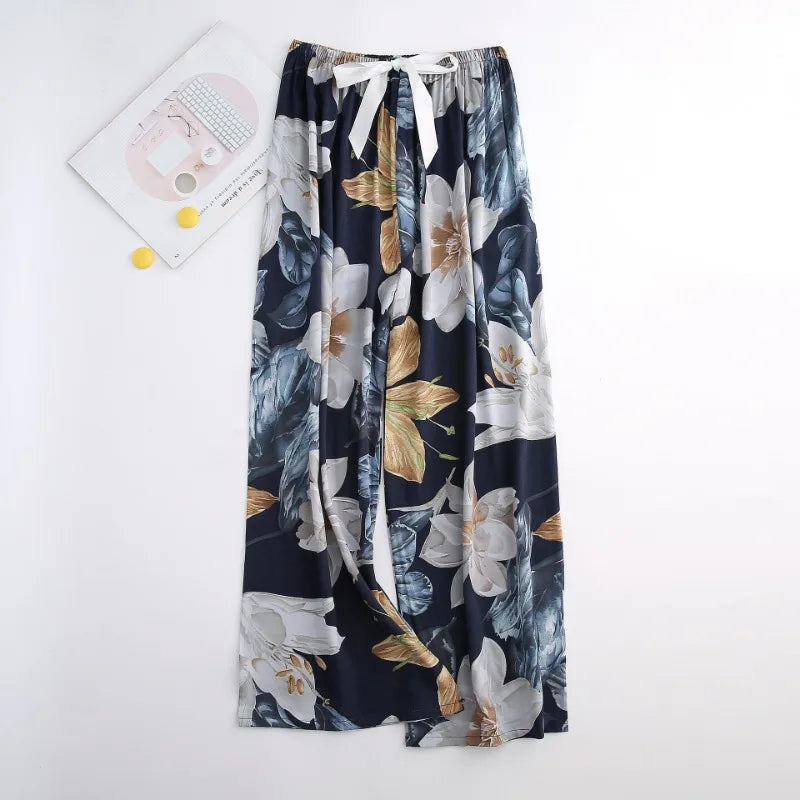 Cralom Floral Cotton Silk Pajama Pants Women's Loose Wide-leg Trousers