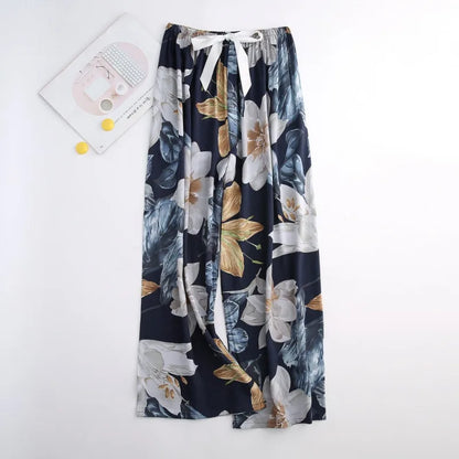 Cralom Floral Cotton Silk Pajama Pants Women's Loose Wide-leg Trousers