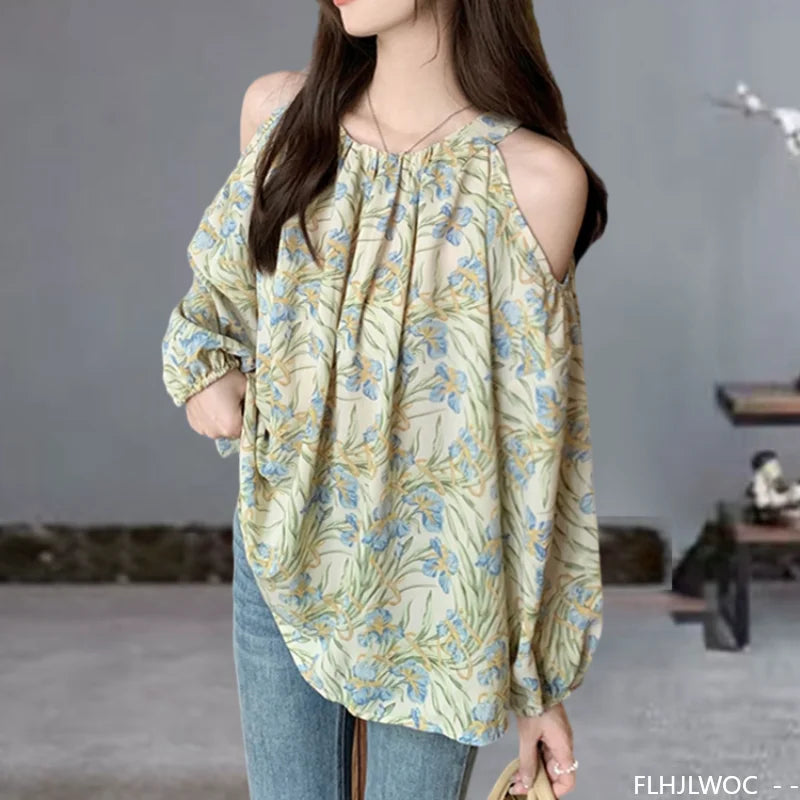 Cralom Floral Print Chiffon Off-Shoulder Top - Green
