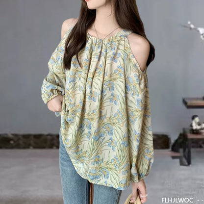 Cralom Floral Print Chiffon Off-Shoulder Top - Green
