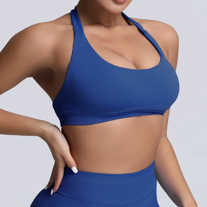 Cralom Yoga Halter Sports Bra Open Back Padded Crop Top Gym Fitness Running Top