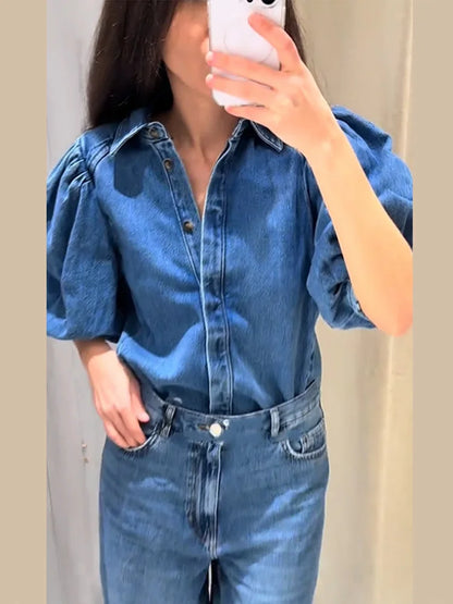 Cralom Denim Puff Sleeve Blouse - Blue Y2K Washed Casual Jacket