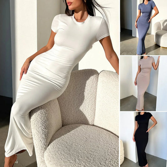 Cralom Round Neck Short-Sleeved Slim Fit Long Dress