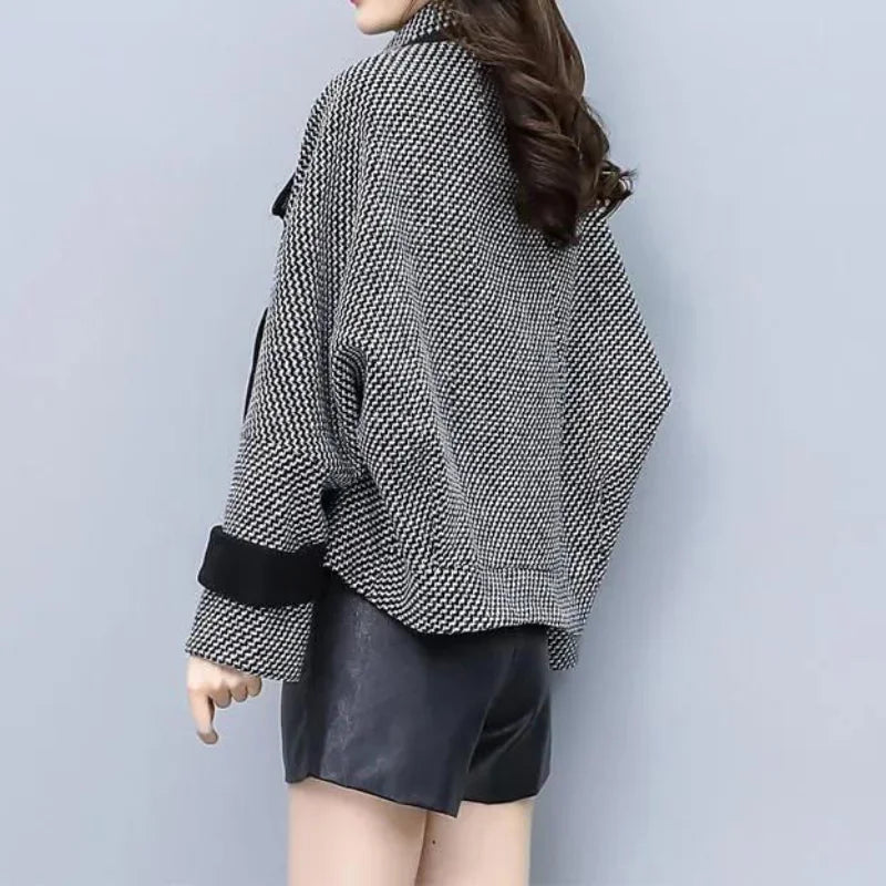 Cralom Vintage Plaid Tweed Crop Jacket for Women's Winter Outerwear
