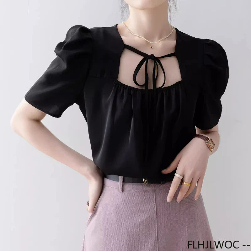 Square Neck Black Bow Tie Top - Cralom Women's Blouse
