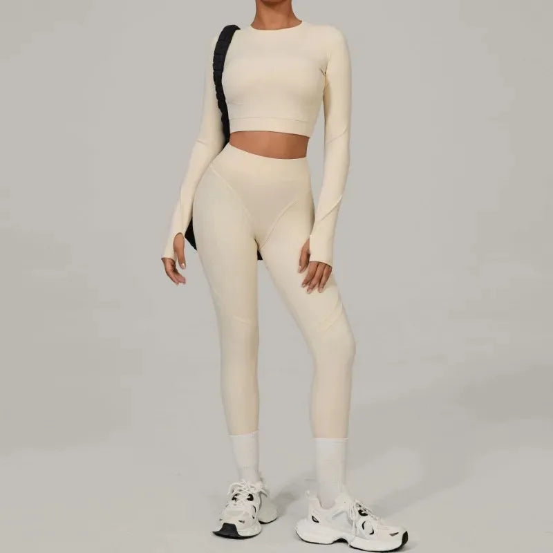 Cralom Brushed Yoga Set: Long Sleeve Top & High-Waist Leggings