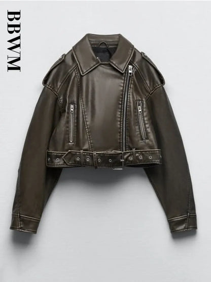 Cralom Retro Zipper Belt Motorcycle Jacket - 2023 Spring Chic Slim Fit Top