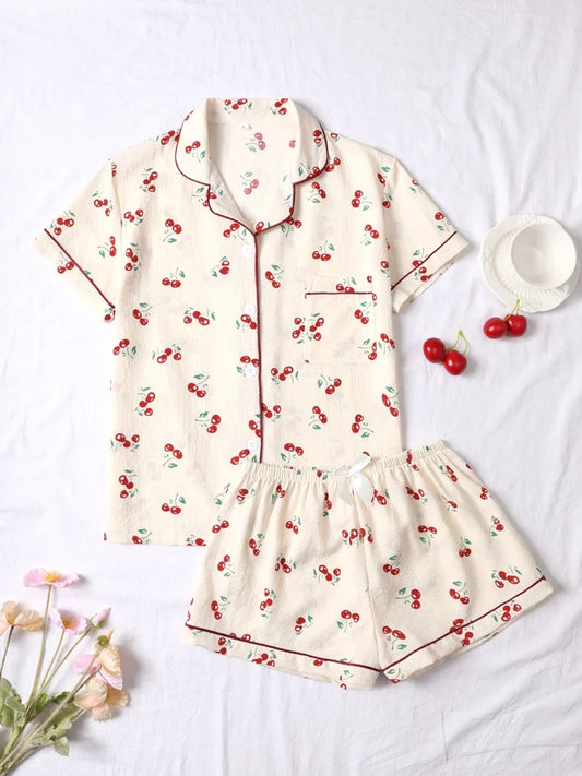 Cralom Cherry Print Pajama Set: Short Sleeve Top & Soft Elastic Shorts