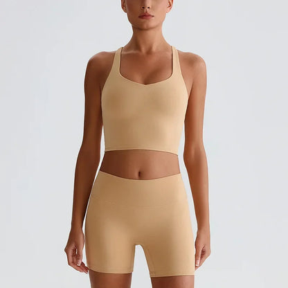 Cralom Naked Feel Yoga Set: Backless Top & Peach Booty Shorts