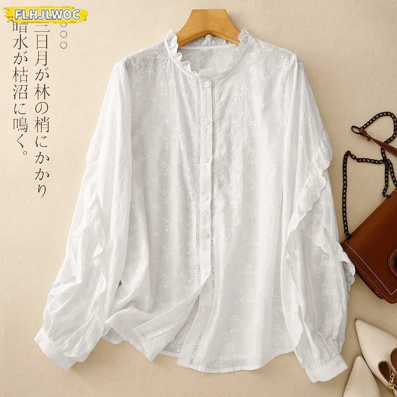 Cralom Embroidery Tops: 2025 New Sweet Long Sleeve Women's Cotton Shirt