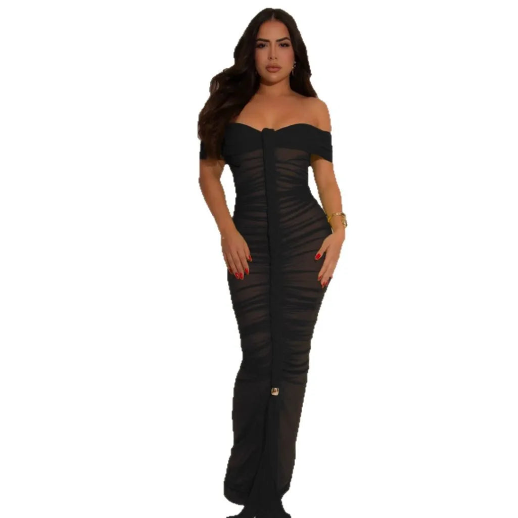 Cralom Mesh Pleated Shoulder One-piece Dress for Summer 2025