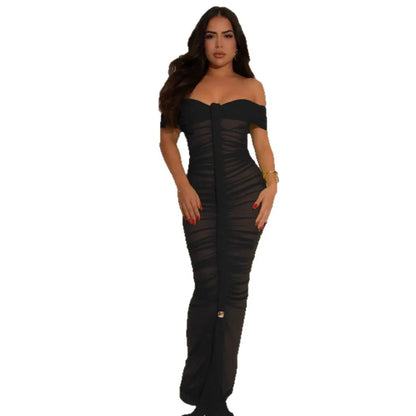 Cralom Mesh Pleated Shoulder One-piece Dress for Summer 2025