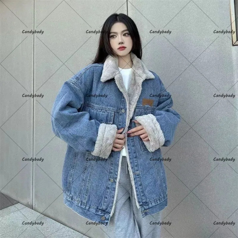 Cralom Lamb Wool Denim Jacket: Street Fashion Thickening, Trendy & Casual, Unisex Fit