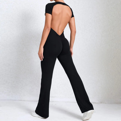 Cralom Deep Backless Yoga Jumpsuit - Flared Leg Naked Feeling Gym Wear